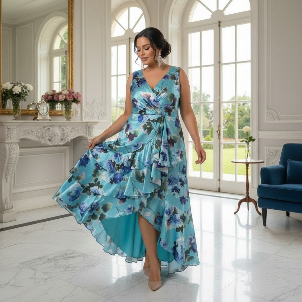 Eliza J Turquoise Floral High‑Low Ruffle Dress – Size 14W  New With Partial Tags